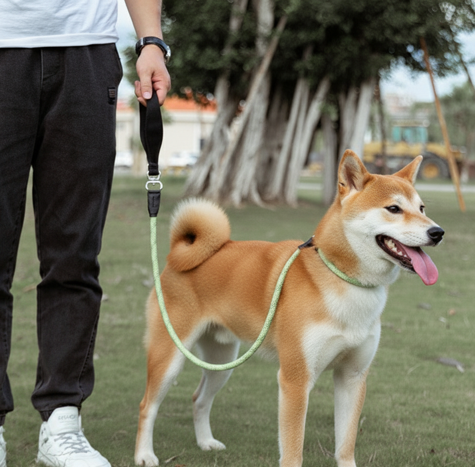 Person walking a Shiba Inu dog on a leash in a park