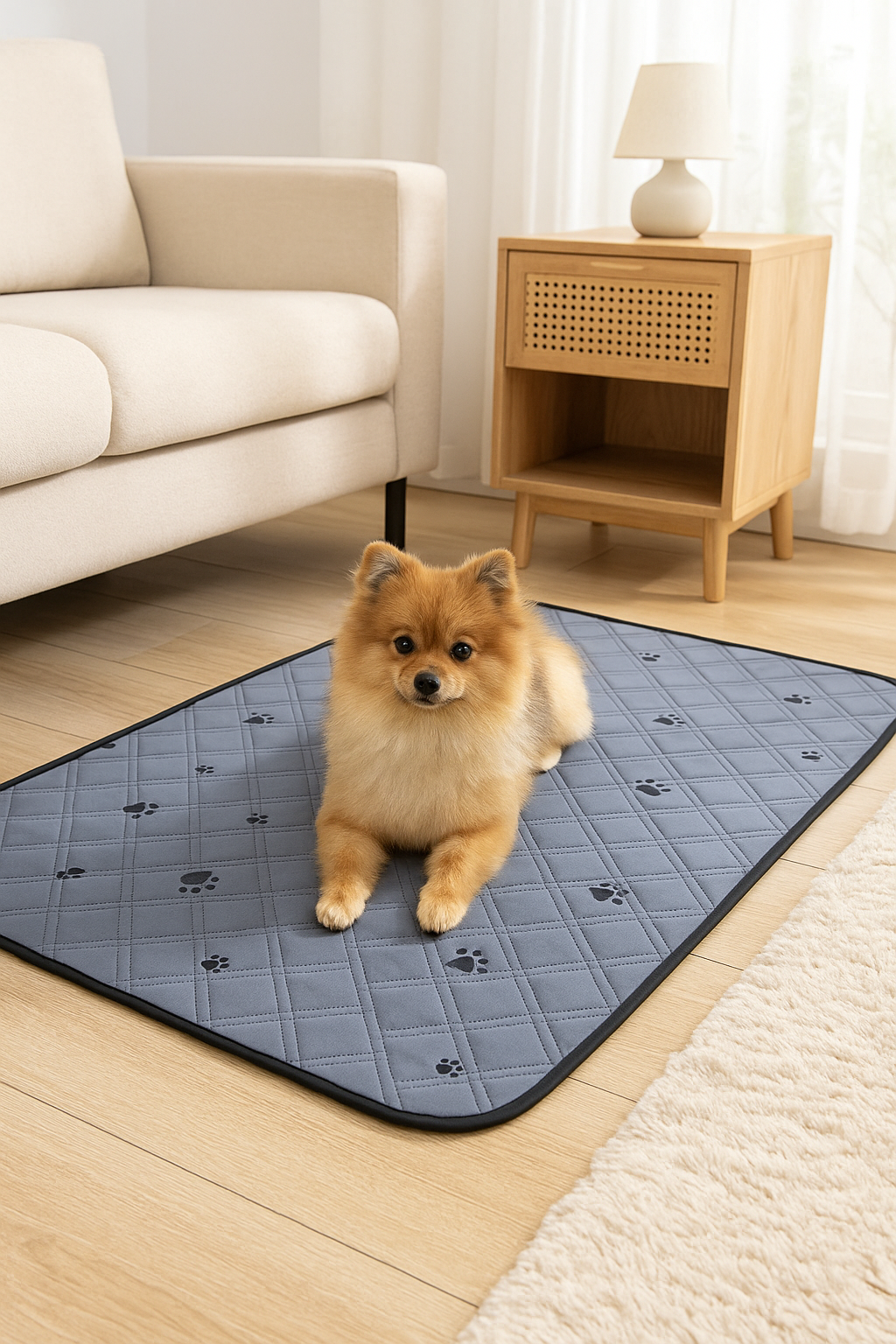 Dog sitting on a blue pet mat with paw prints in a living room.