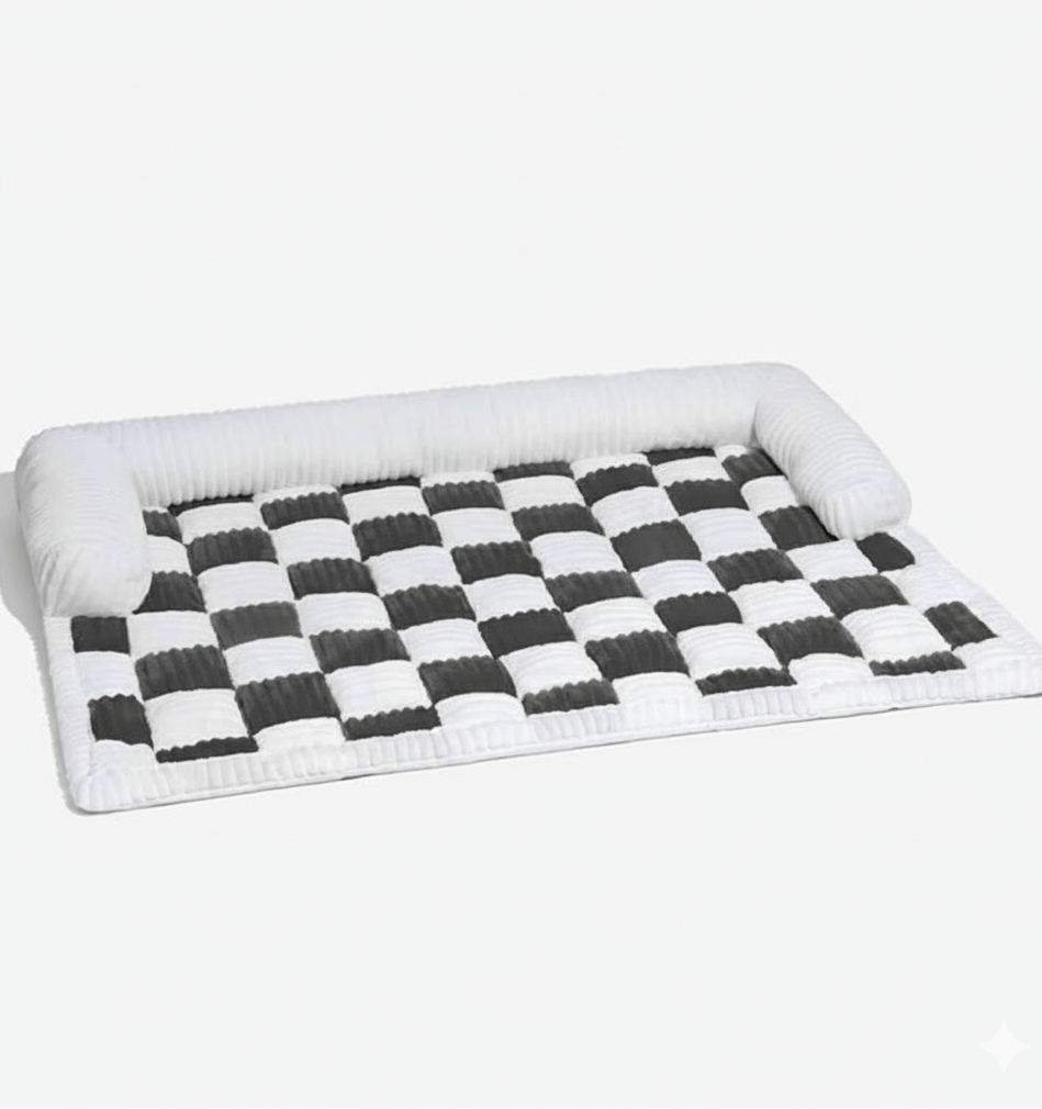 Checkered pet bed with white border on a white background