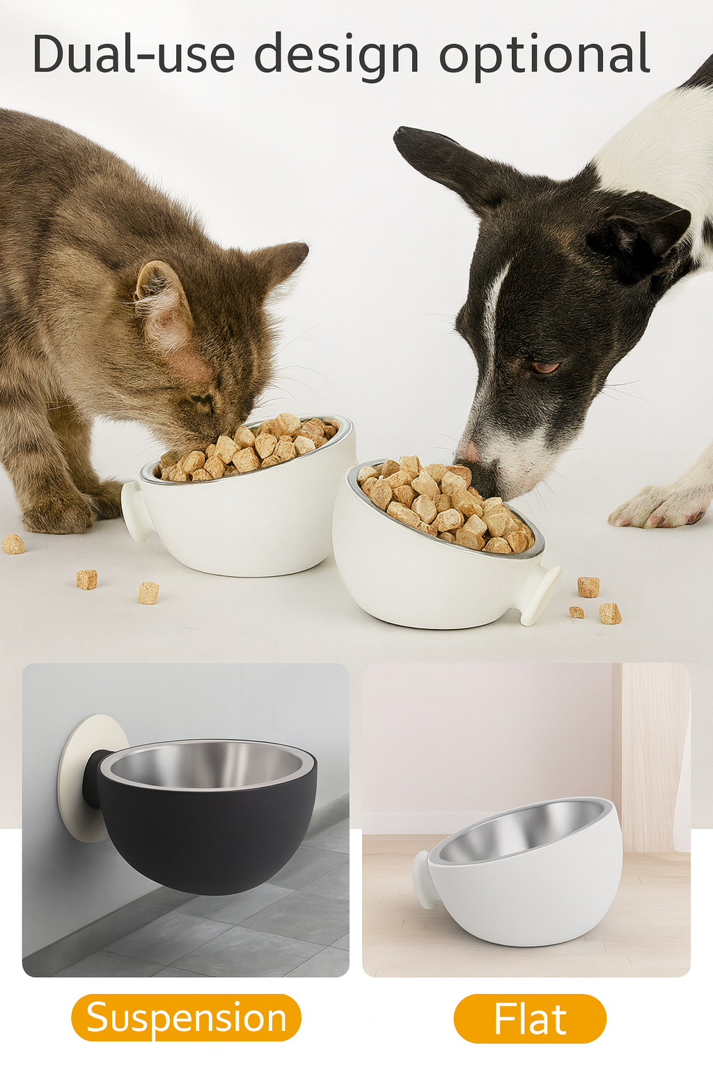 Two bowls for pets, one with a suspension design and the other flat, with text indicating dual-use design option.